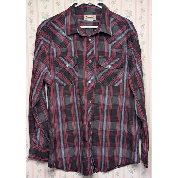 Vtg Duke Haband Pearl Snap Shirt MENS SIZE L Western Plaid Red Black Gray Cowboy - Picture 1 of 5
